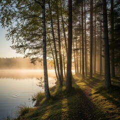 Obraz premium Serene Lakeside Forest with Misty Reflections and Sunlit Path creating a tranquil escape