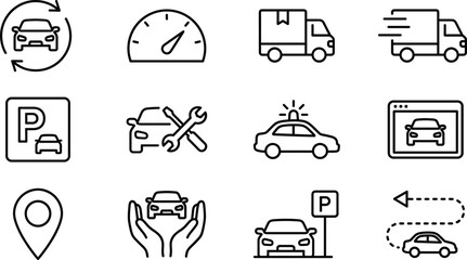 Car service and logistics line icon set featuring parking delivery repair navigation safety transportation symbols collection © MDALRAFIN