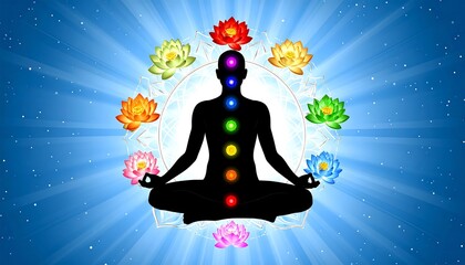 Silhouetted figure in lotus pose with seven colored energy points and floating flowers. Radiant blue background