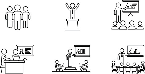 Business presentation and leadership icons set, showing teamwork training meeting conference strategy management vector illustration collection corporate office seminar education