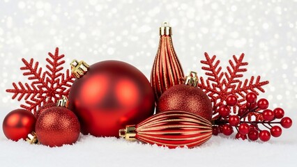 Red Christmas Ornaments and Decorations on White.