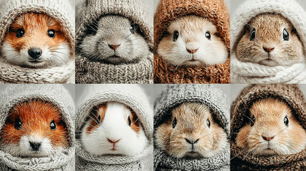 Collection of eight adorable small animals wearing cozy knit hoods.