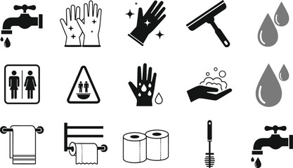 Obraz premium Bathroom hygiene icons set featuring faucet soap hands toilet paper towels cleaning symbols water drops sanitation vector illustration collection design