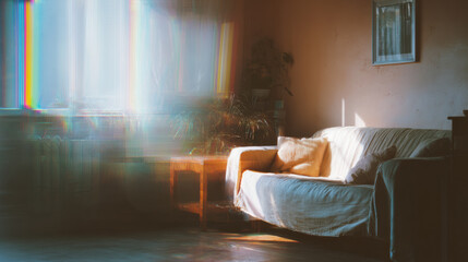 A calm living room at sunset, with warm light and empty seating, reflecting a quiet pause in everyday domestic life.