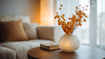A calm living room at sunset, with warm light and empty seating, reflecting a quiet pause in everyday domestic life.