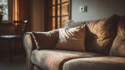A calm living room at sunset, with warm light and empty seating, reflecting a quiet pause in everyday domestic life.