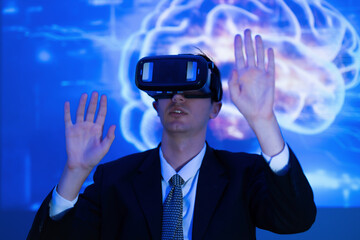 Man experiences virtual reality technology in a modern office setting while exploring digital concepts
