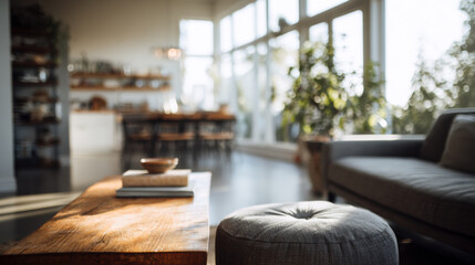 A blurred figure moves through a warm living room, reflecting time pressure and mental load within everyday domestic life.