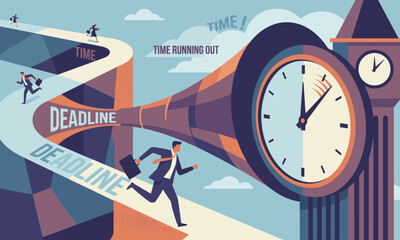 Illustration of a businessman rushing to a deadline as a clock tower looms large in the background with a winding road and urgency-themed text.