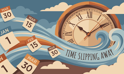 Illustration of a clock and calendar pages flowing in waves, conveying a sense of urgency with a blue and white color scheme.