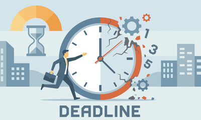 Businessman rushing past a large clock with deadline text in a cityscape with a sense of urgency and time running out.
