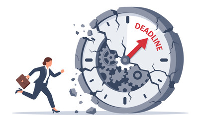A businessman in a suit runs next to a large broken clock with a red deadline arrow on a white background, conveying a sense of urgency and time running out.