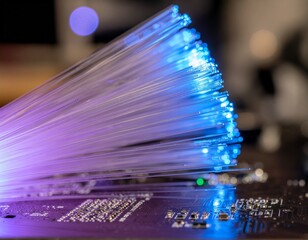 A close-up shot of glowing fiber optic cables transmitting light on a circuit board, showcasing modern data communication technology.