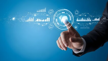 Businessman interacts with futuristic global data interface on blue background 20251212