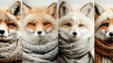 Four fluffy foxes in warm scarves against a snowy background.