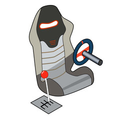 Illustration of Racing bucket seat and steering wheel and manual gear shifter