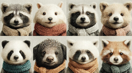 Collection of cute animal plush toys with scarves, resembling various wildlife.