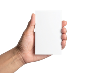 Hand holding a blank vertical white business card, ticket, or flyer mockup. Isolated on transparent or white, Cut out