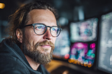 A man studying complex digital screens, symbolizing strategic analysis, concentration, and time-critical decision making.