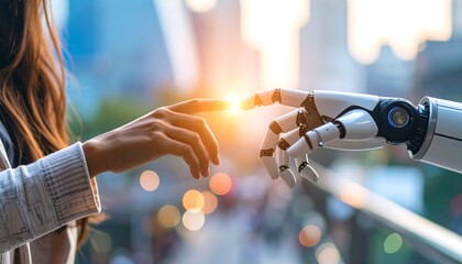 A person and a robot hand reach towards each other, touching fingertips with bright light in the middle. City background