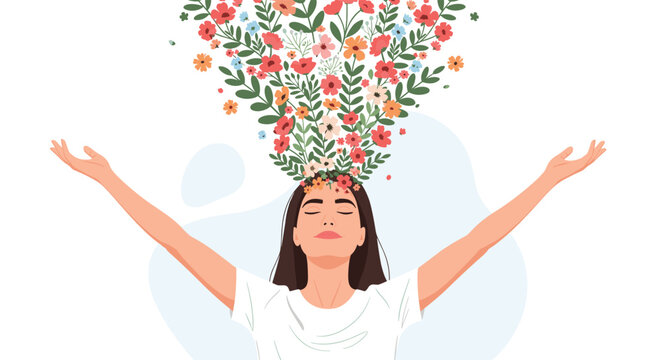 Woman feeling free and happy, with her arms raised and flowers blooming and exploding from her head in a positive concept.