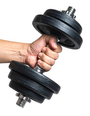 Hand holding a heavy black dumbbell, representing fitness and strength training Isolated on transparent or white, Cut out