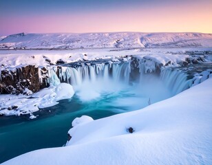 Scenic waterfall cascading into a turquoise pool, winter landscape