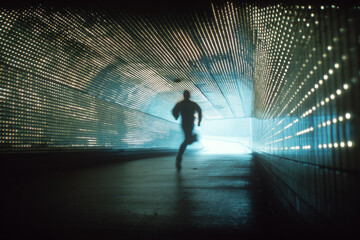 A man runs through glowing lights, creating strong visual rhythm with motion blur and urban energy.