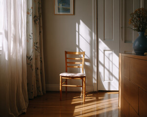 An empty wooden chair in a quiet home interior, lit by natural window light, suggesting pause and everyday absence.