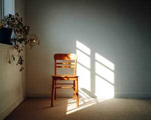 An empty wooden chair in a quiet home interior, lit by natural window light, suggesting pause and everyday absence.