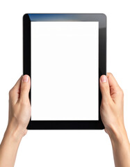 Hands holding a horizontal tablet with a blank white screen mockup Isolated on transparent or white, Cut out