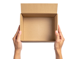 Hands holding an empty open brown cardboard box. Top view delivery concept Isolated on transparent or white, Cut out