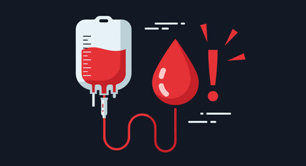 Urgent call for blood donation concept, illustrated with a blood transfusion bag and a large drop of blood with an exclamation mark.