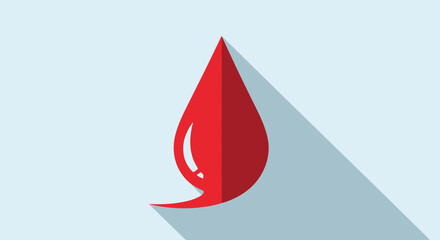 Fototapeta premium Minimalist flat design icon of a single red blood drop with a long shadow on a light blue background, symbolizing health and donation.