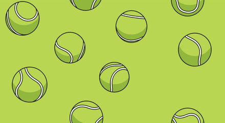 Seamless repeating pattern of cartoon tennis balls on a vibrant lime green background, perfect for sports-themed designs.