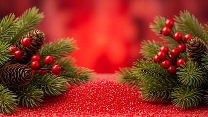 Festive Winter Holiday Display with Pine Needles, Pinecones, and Red Berries on a Glittering Surface