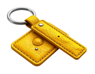 Yellow rectangular leather keychain Isolated on transparent or white, Cut out