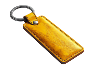 Yellow rectangular leather keychain Isolated on transparent or white, Cut out