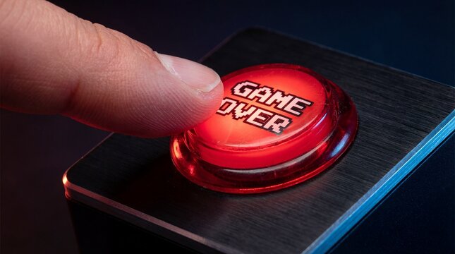 Close-up finger pressing glowing red button with pixelated Game Over text symbolizing video game ending or failure.