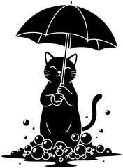 Cute Cat Under Umbrella Line Art Illustration