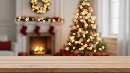 Christmas Tree and Fireplace Decorated for Holiday.