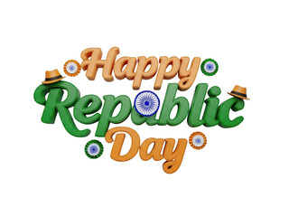 Happy republic day text with indian flag colors and ashoka chakra isolated on transparent background