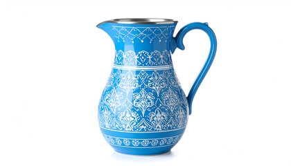 Decorative water pitcher with intricate Arabic patterns for iftar, isolated on a clean white background