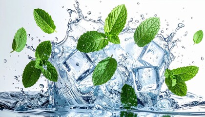 Fresh Water Splash With Ice Cubes And Mint Leaves Isolated On White