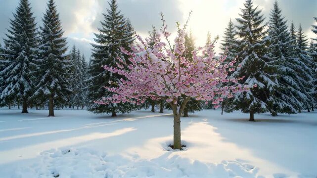 Pink cherry trees blooming in the snow