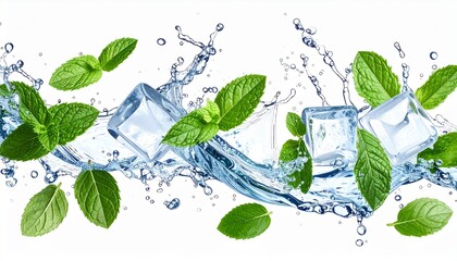 Fresh Water Splash With Ice Cubes And Mint Leaves Isolated On White
