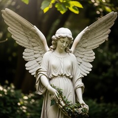 Serene angel statue radiates peace in a sun-dappled garden sanctuary of tranquility