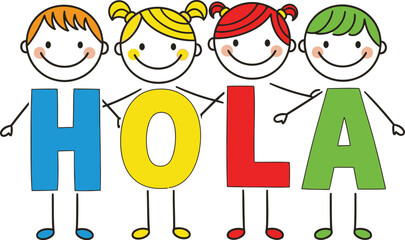 Colorful cartoon figures spelling the spanish greeting hola representing friendship and international communication with a playful design © Kibria