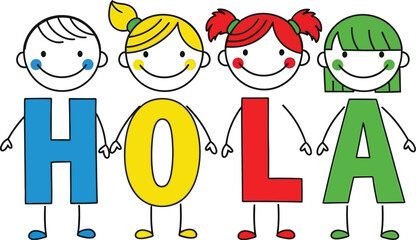 Colorful cartoon illustration of children forming the word hola with their bodies and waving cheerfully © Kibria