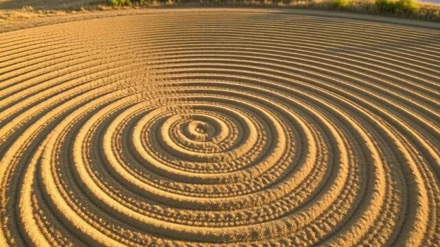 Aerial view of a spiral crop pattern in a vast agricultural field during sunset with concentric circles